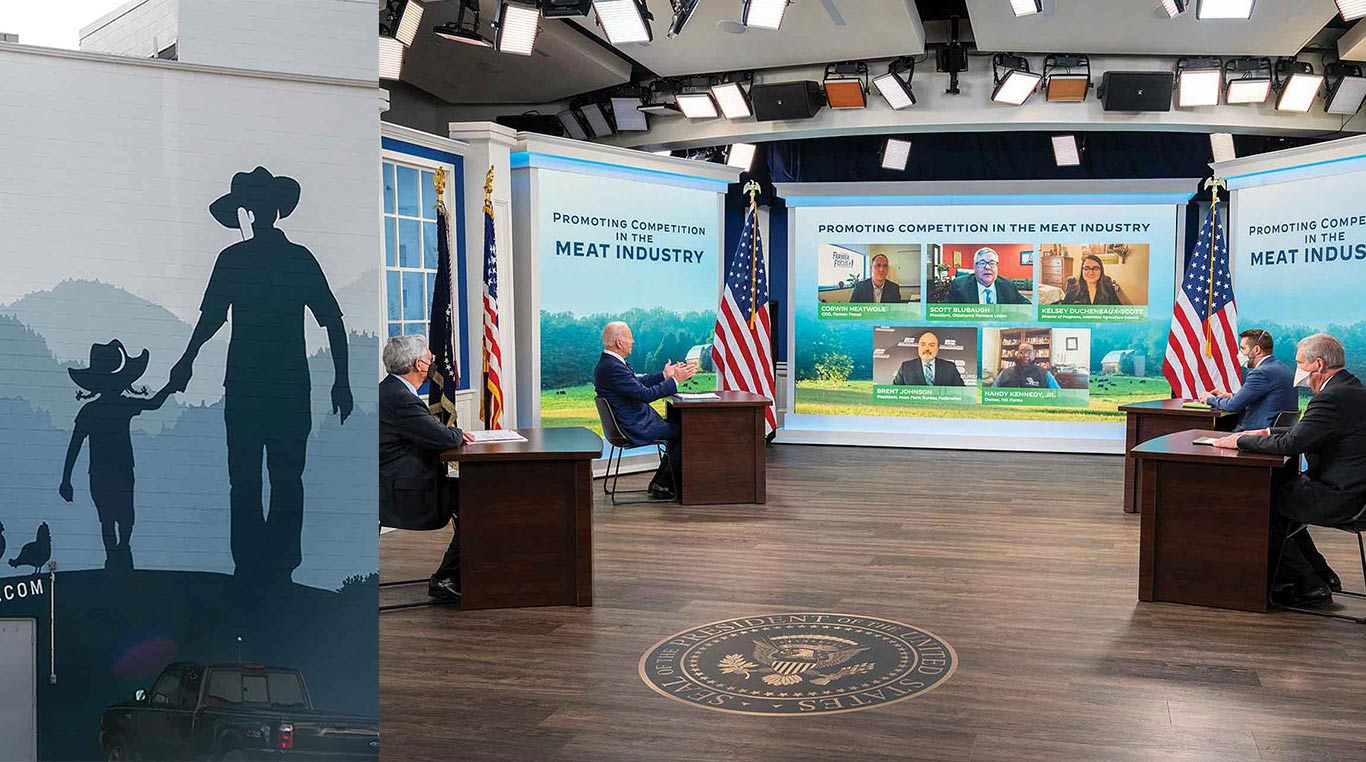 mural of cowboy with child and chickens and President Biden with others at a meat industry round table meeting