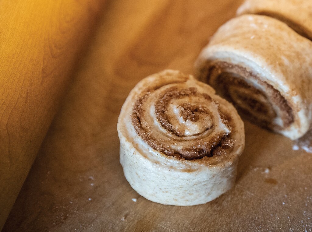 closeup of a slice of a cinnamon roll