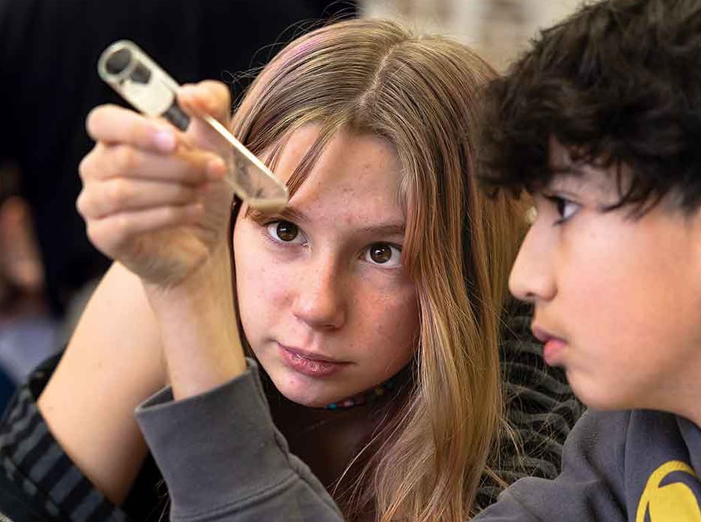 two children inspecting test tube full of fluid