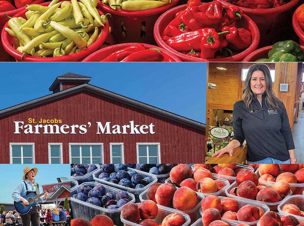 collage of bright colored peppers, woman smiling, guitar player, St. Jacobs Farmers' Market, plums, and peaches