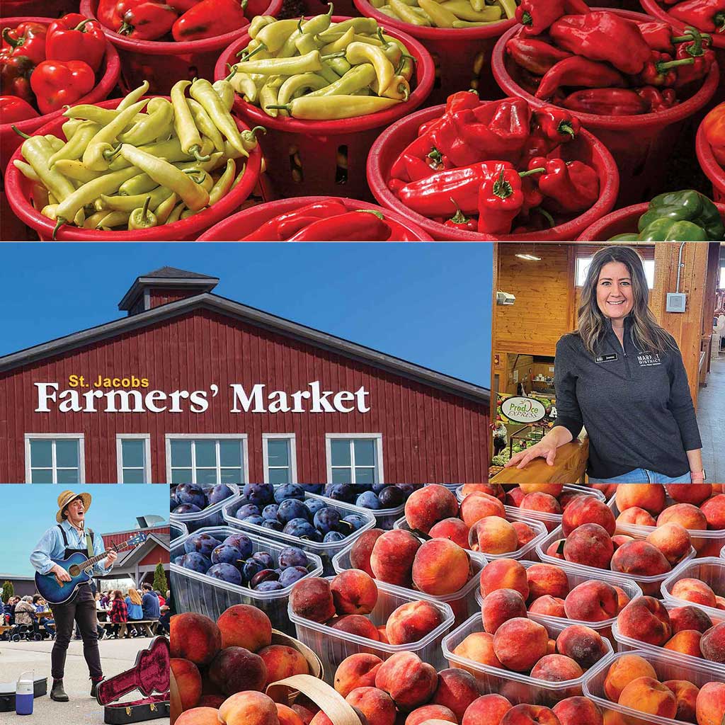 Collage formé d’images de poivrons aux couleurs vives, d’une femme qui sourit, d’un guitariste, du marché fermier St. Jacobs et de prunes et de pêches