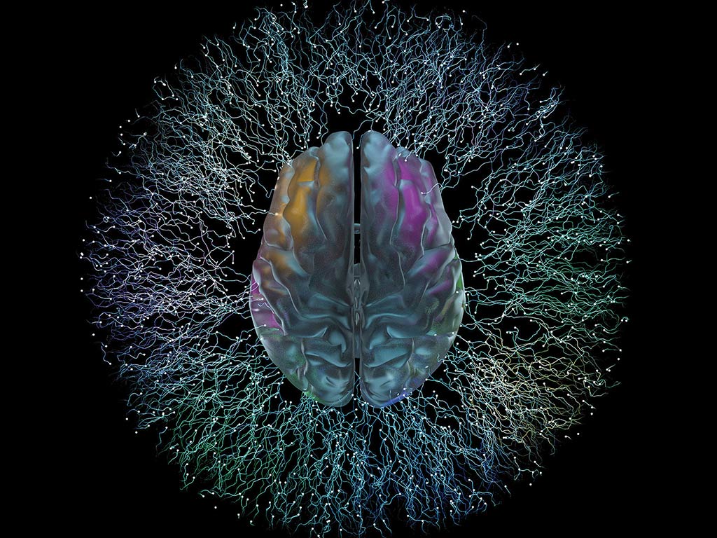 Digital image of a brain with neuroelectric signals illustrated like lightning emanating from it