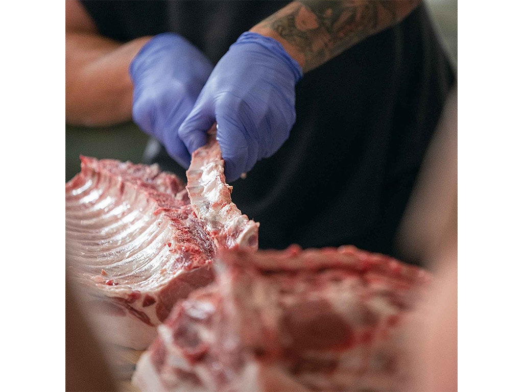 purple gloved hands separating the vertebra bones from a rib rack