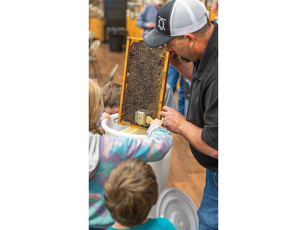 an adult presenting a beehive slat to children