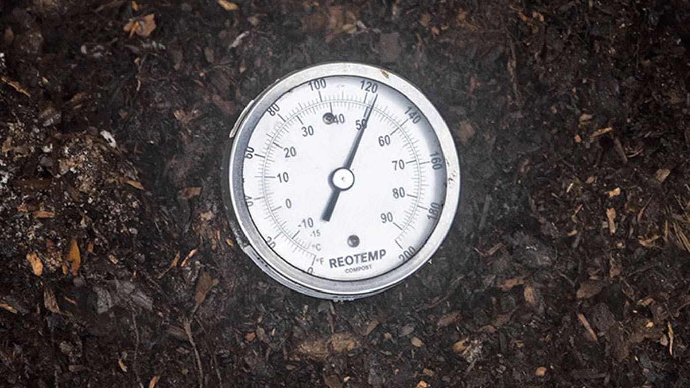 Gros plan d'un thermomètre sur une surface de compost foncé.