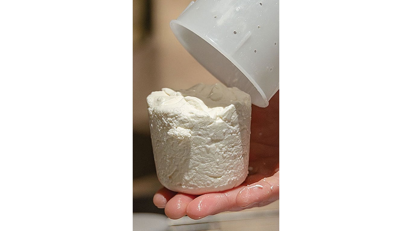 Panneau de bois illustrant les étapes de fabrication du fromage, y compris le caillage, le moulage et le salage.