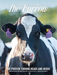 Close-up of the face of a black and white cow, cover of The Furrow magazine.