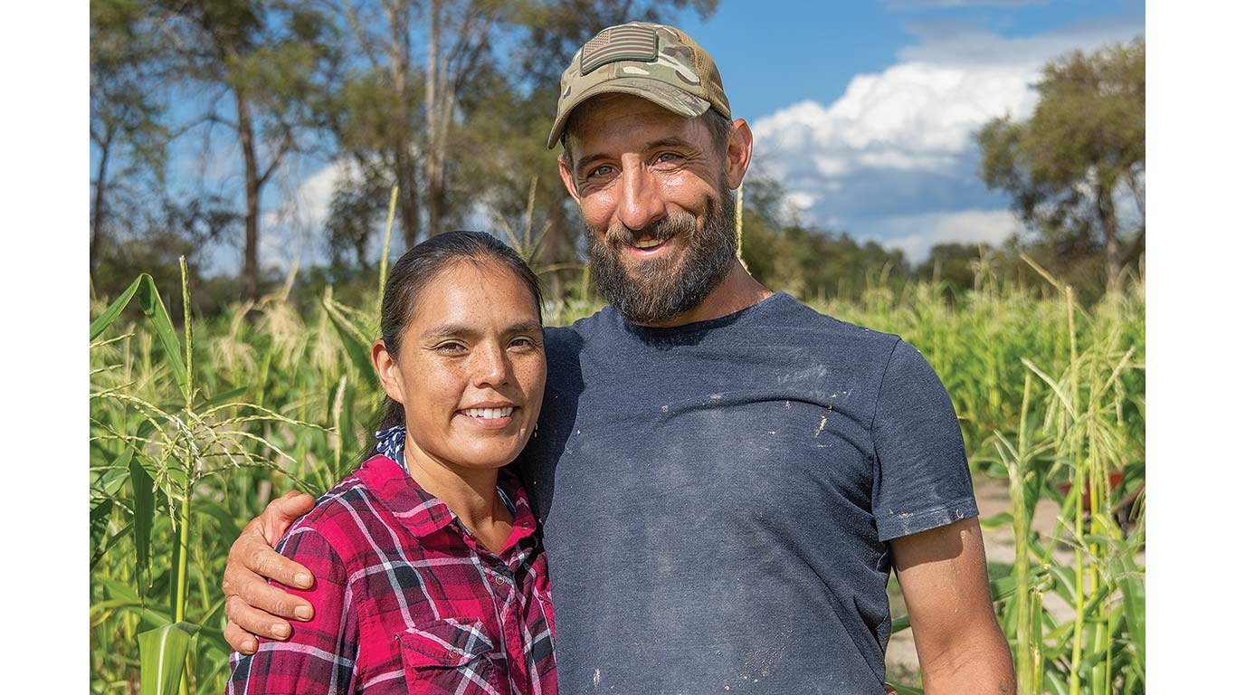 Couple stands together smiling in a cornfield.