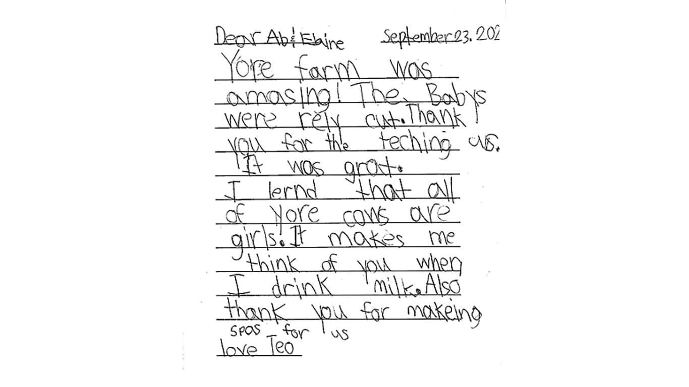 Handwritten thank‑you note from a child about visiting a farm.