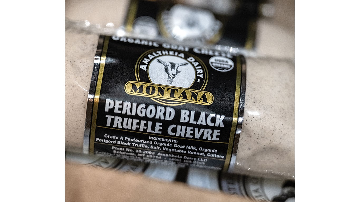 Package of Montana Perigord Black Truffle Chevre goat cheese.