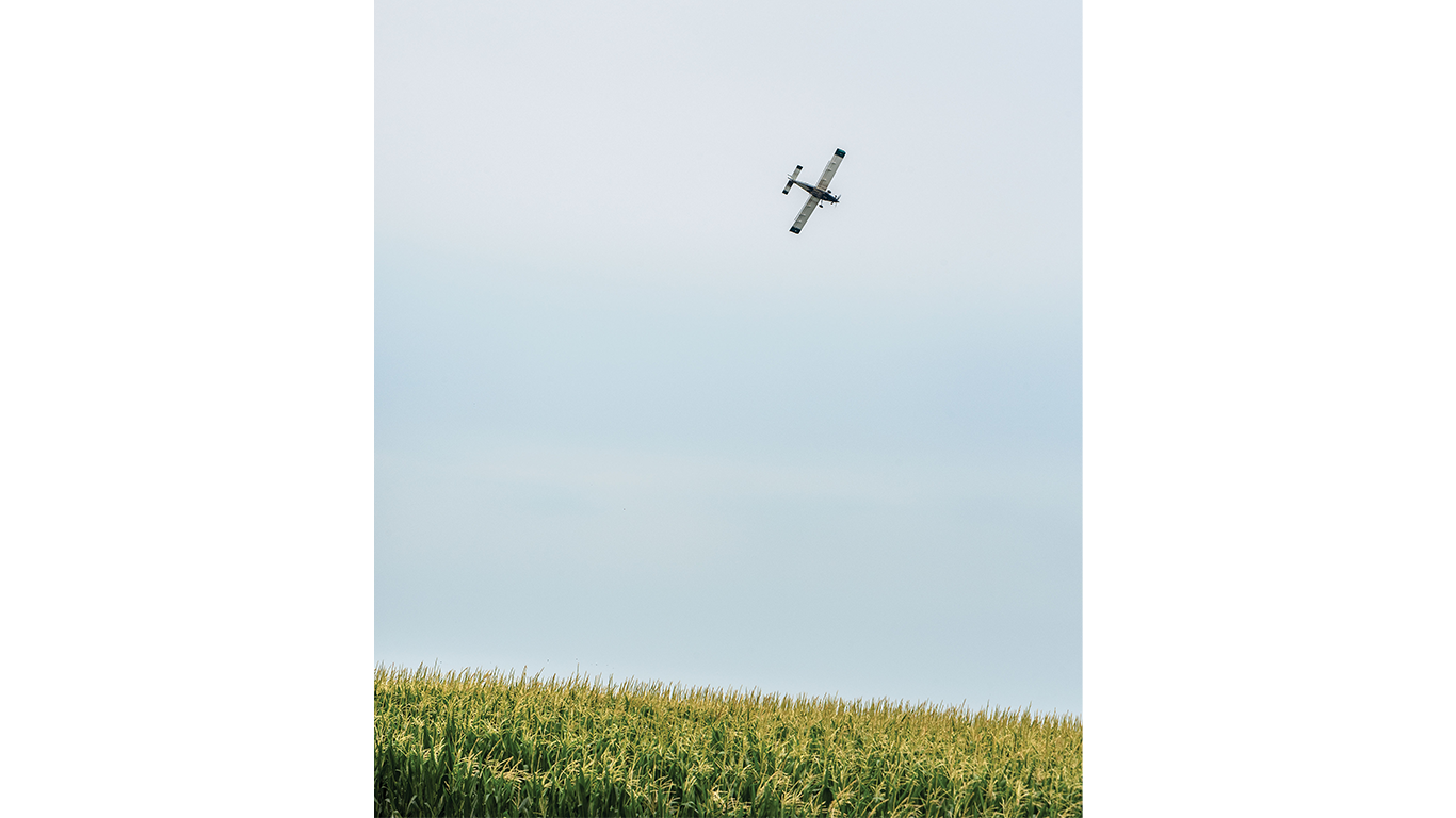 Plane spraying a field of crops as it flies overhead.