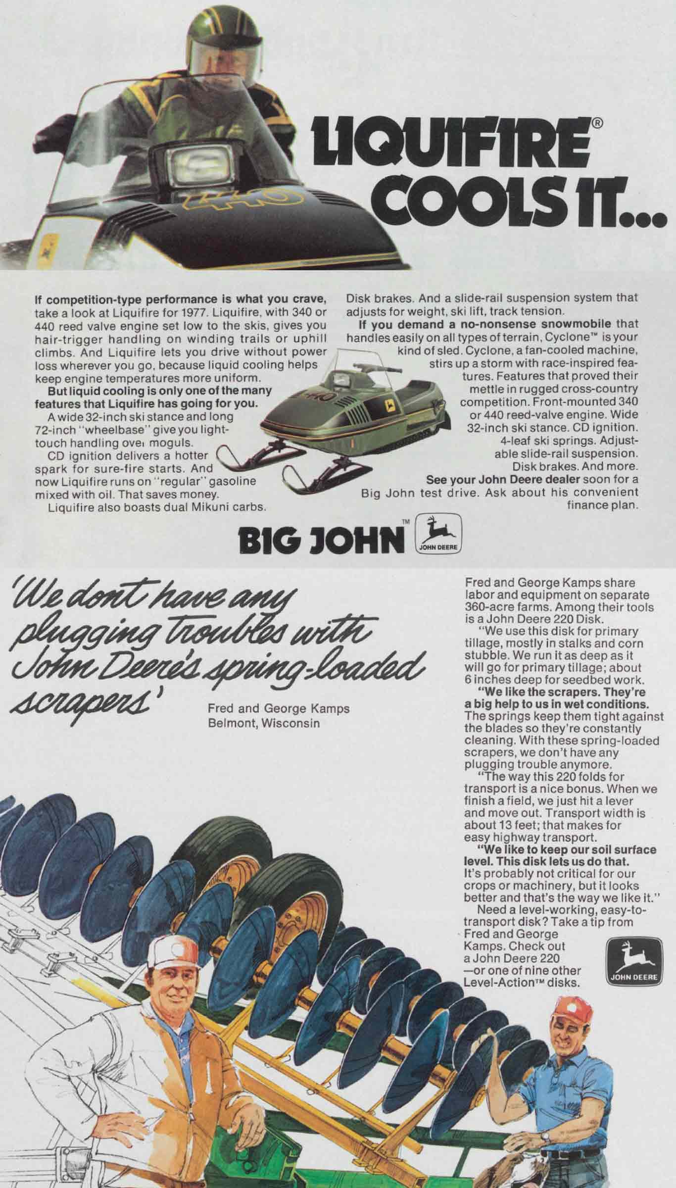 Vintage John Deere advertisement showing a snowmobile and farmers using spring‑loaded scrapers.