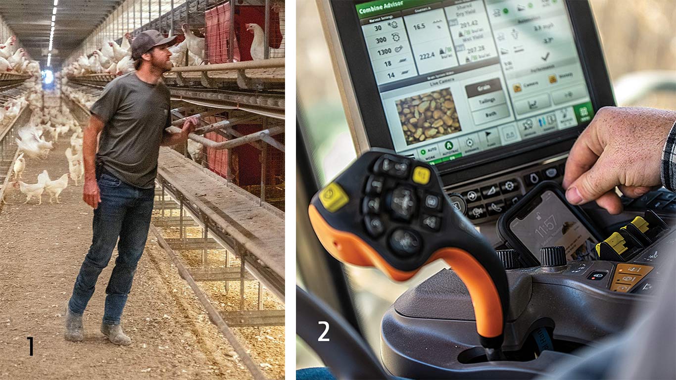 A worker walking through a poultry barn with rows of chickens and cages. A hand operating tractor controls beside a display showing equipment data.