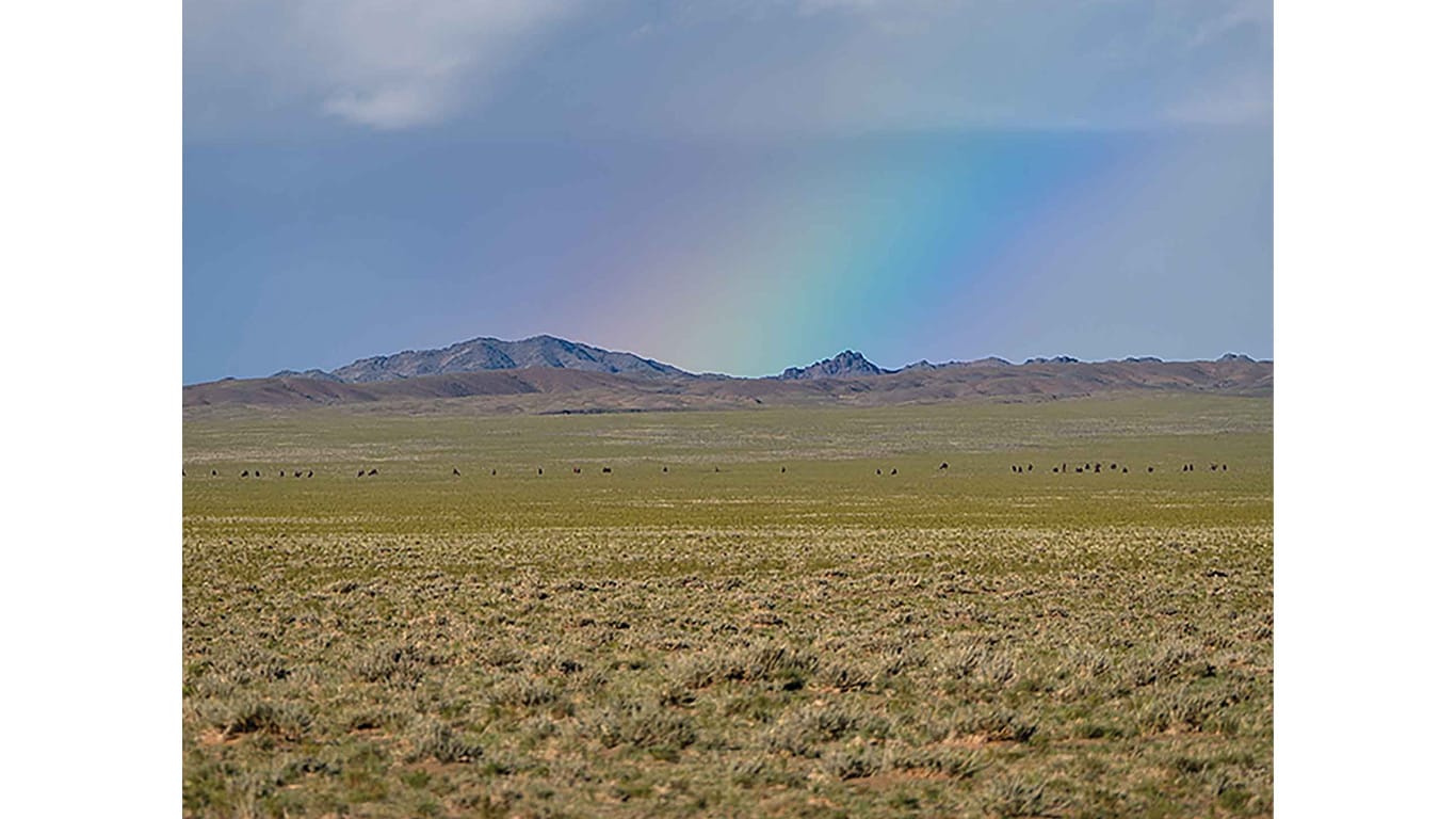 Wide grassland with distant hills and a faint rainbow in the sky.