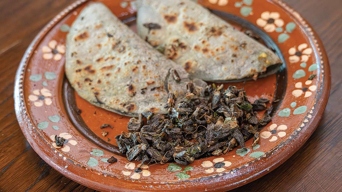 Plate with folded tortillas and cooked vegetable filling.
