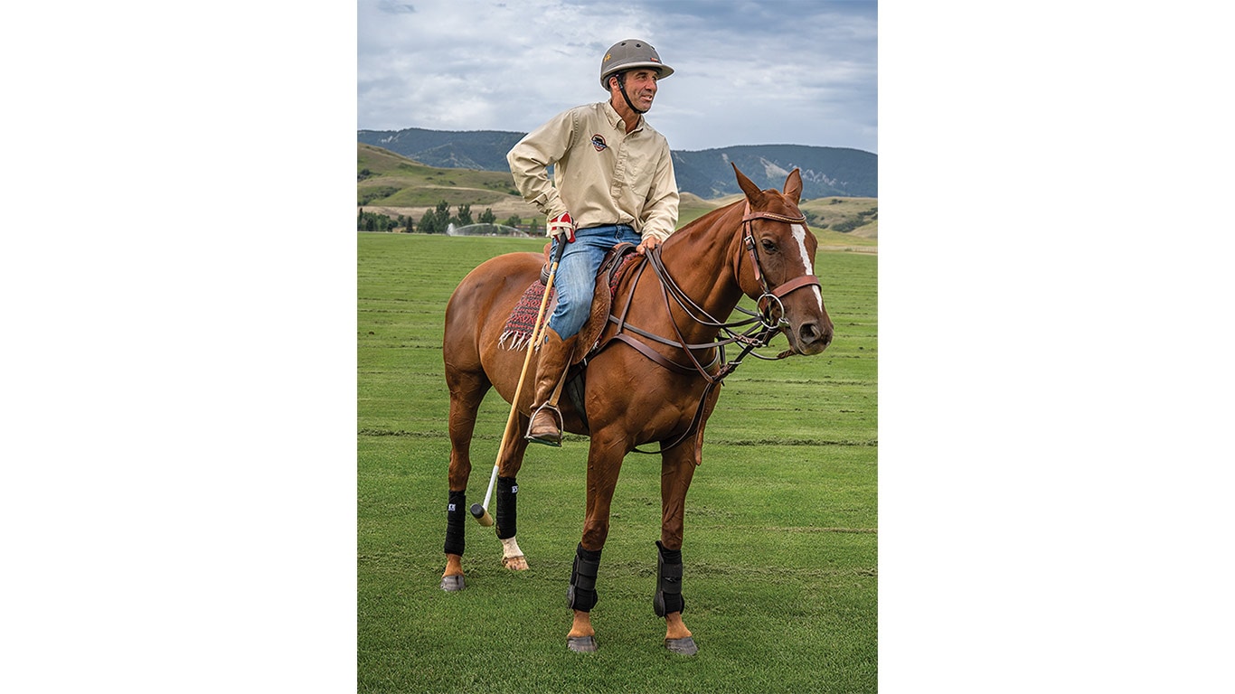 Person riding a brown horse on a grassy polo field, holding a mallet, with hills in the background.
