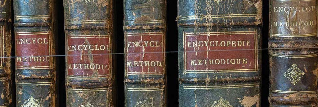 Row of worn, antique books with decorative spines labeled "Encyclopédie Méthodique."