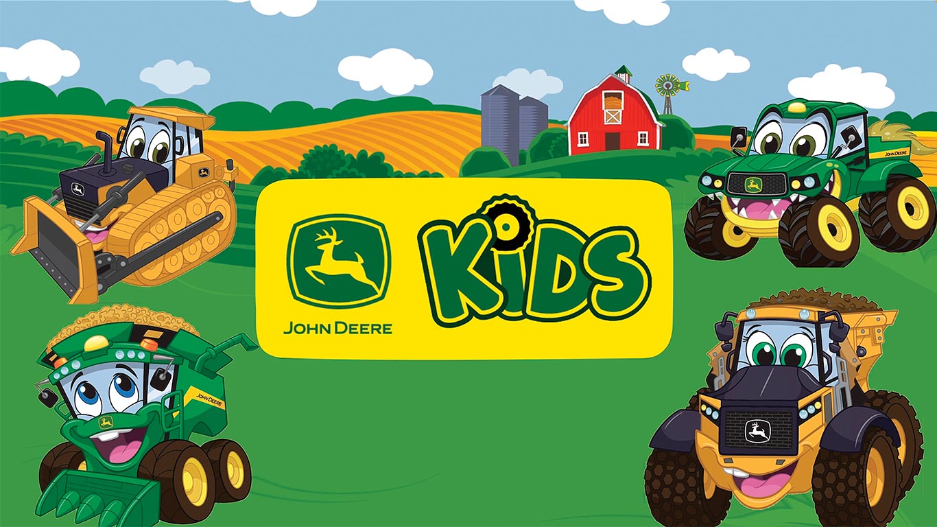 Scène agricole de dessin animé avec des tracteurs et un bouteur souriants autour du logo de John Deere Kids.