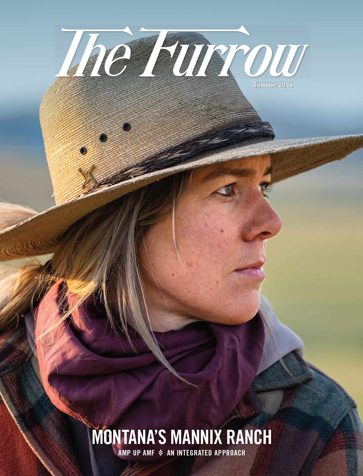 Close-up portrait of person in a wide-brim hat with The Furrow Summer 2026 cover text visible.
