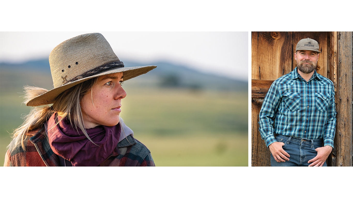 Deux personnes portant des v&ecirc;tements de cowboy dans diff&eacute;rents environnements.