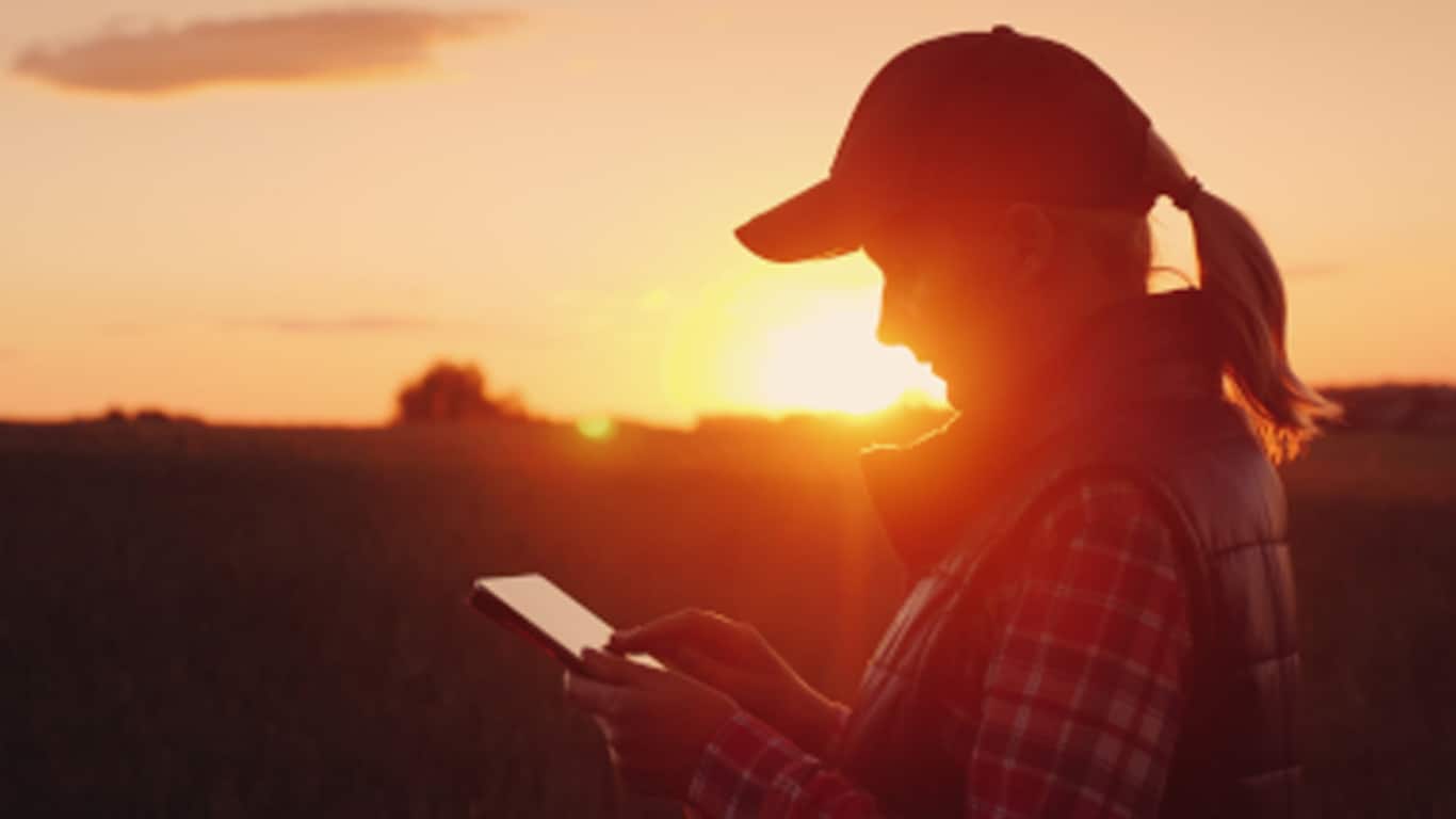 a woman outside at sunset looking at a tablet