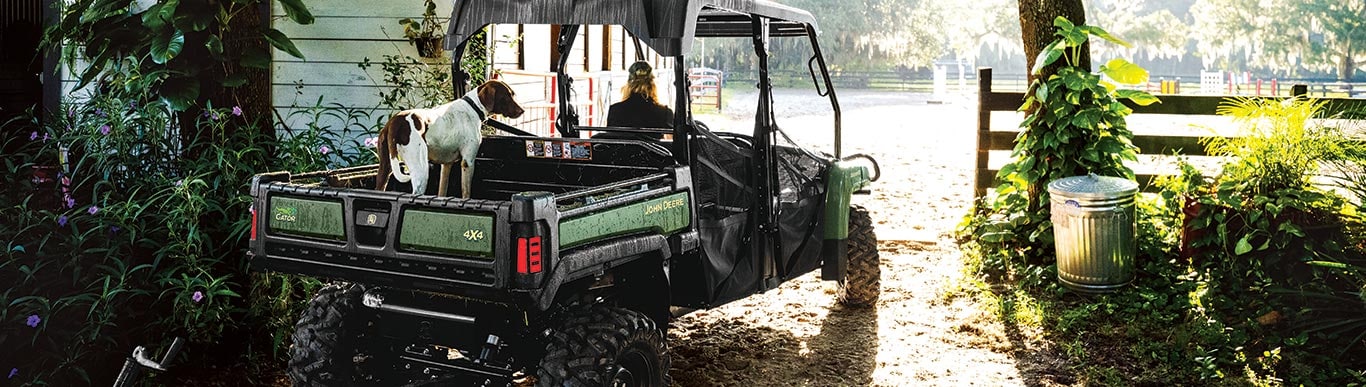 Gator driving in mud under trees with dog in the back